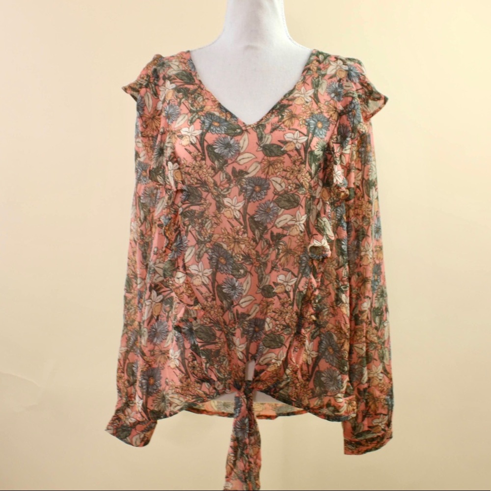 JODIFL lightweighfloral tie waist top - Size Small